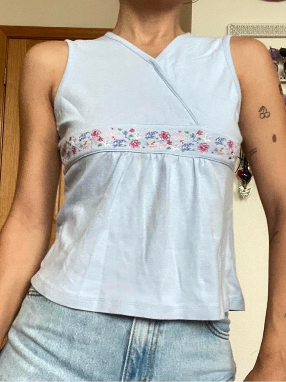 Vintage Tank Top - Baby Blue Sleeveless Floral Trim Top
